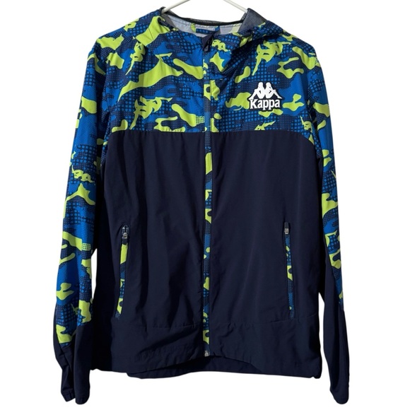 Kappa Windbreaker hooded full zip jacket coat Men’s XL Navy Neon green like new